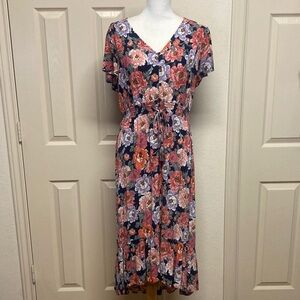 Knox Rose Navy and Rose / Pink Floral High-Low Dress | Boho V-Neck Stretch Waist